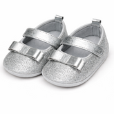 Cute Baby Girl Glitter Big Bow Shoes – Soft & Elegant - Silver