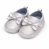 Cute Baby Girl Glitter Bow Shoes – Soft & Elegant - Silver