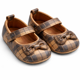 Baby Girl Bow Strap Shoes – Premium Check Design - Coffee Brown & Dark Chocolate Checks with Glitter Bow