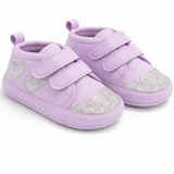 Baby Girl Glitter Toe Sneakers – Heart Patch Design - Lavender Purple with Silver Glitter