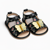Golden Butterfly Floral Baby Sandals - Black