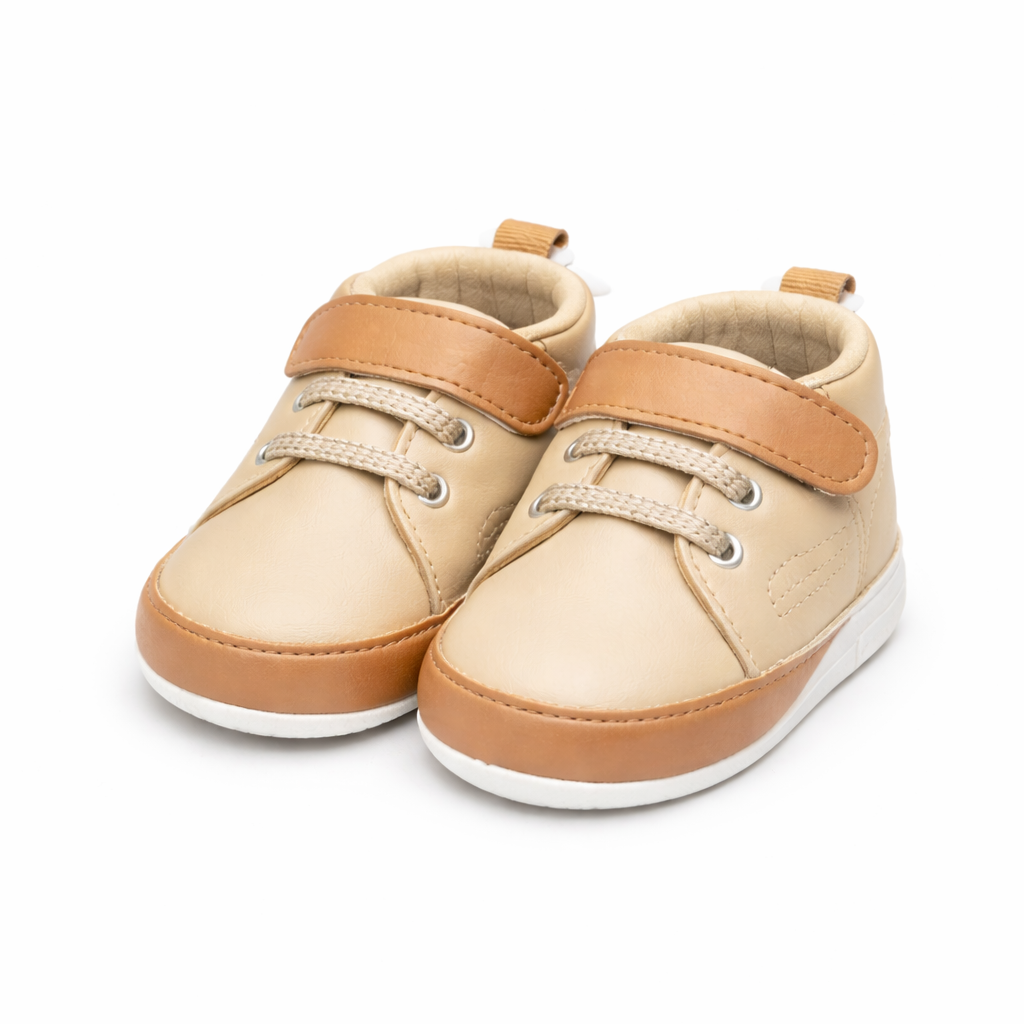 Premium Baby Boy Lace-Up Soft Shoes – Stylish & Comfortable - Beige & Light Brown (Tan)