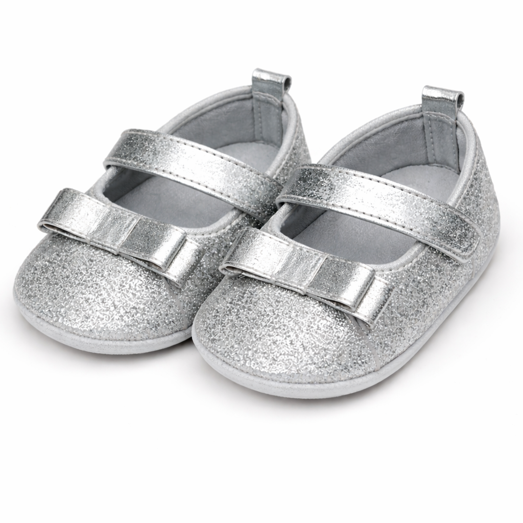 Cute Baby Girl Glitter Big Bow Shoes – Soft & Elegant - Silver