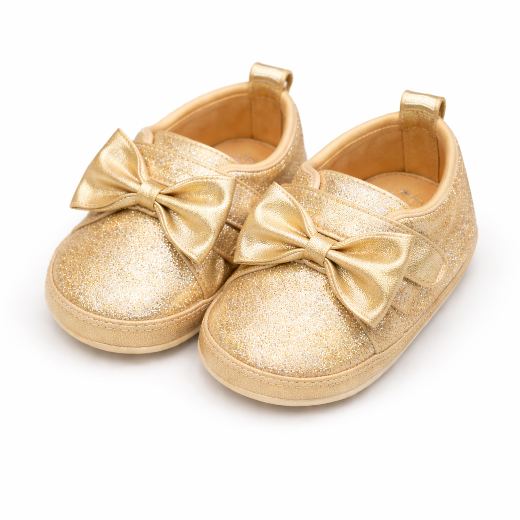 Cute Baby Girl Glitter Bow Shoes – Soft & Elegant - Golden
