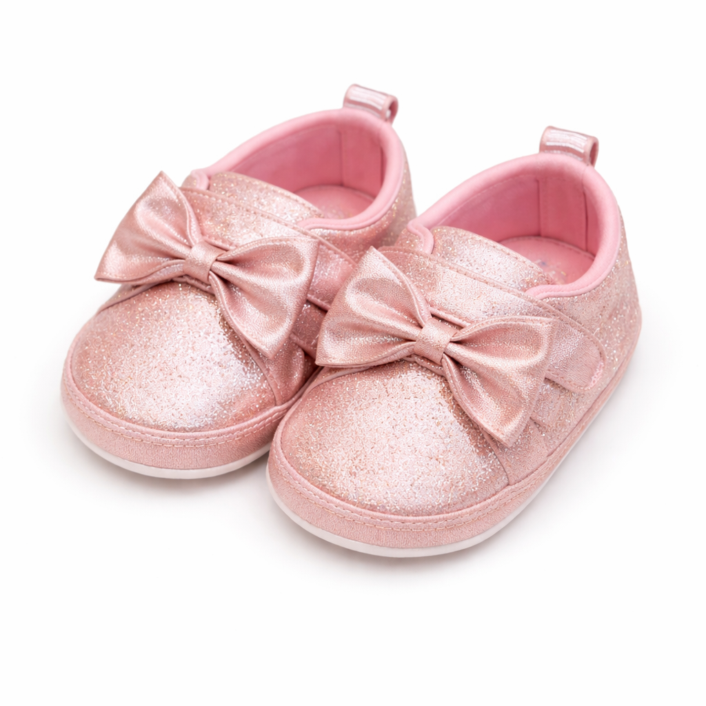 Cute Baby Girl Glitter Bow Shoes – Soft & Elegant - Pink