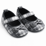 Baby Girl Bow Strap Shoes – Classic Checks - Grey / Black Check with Glitter Bow