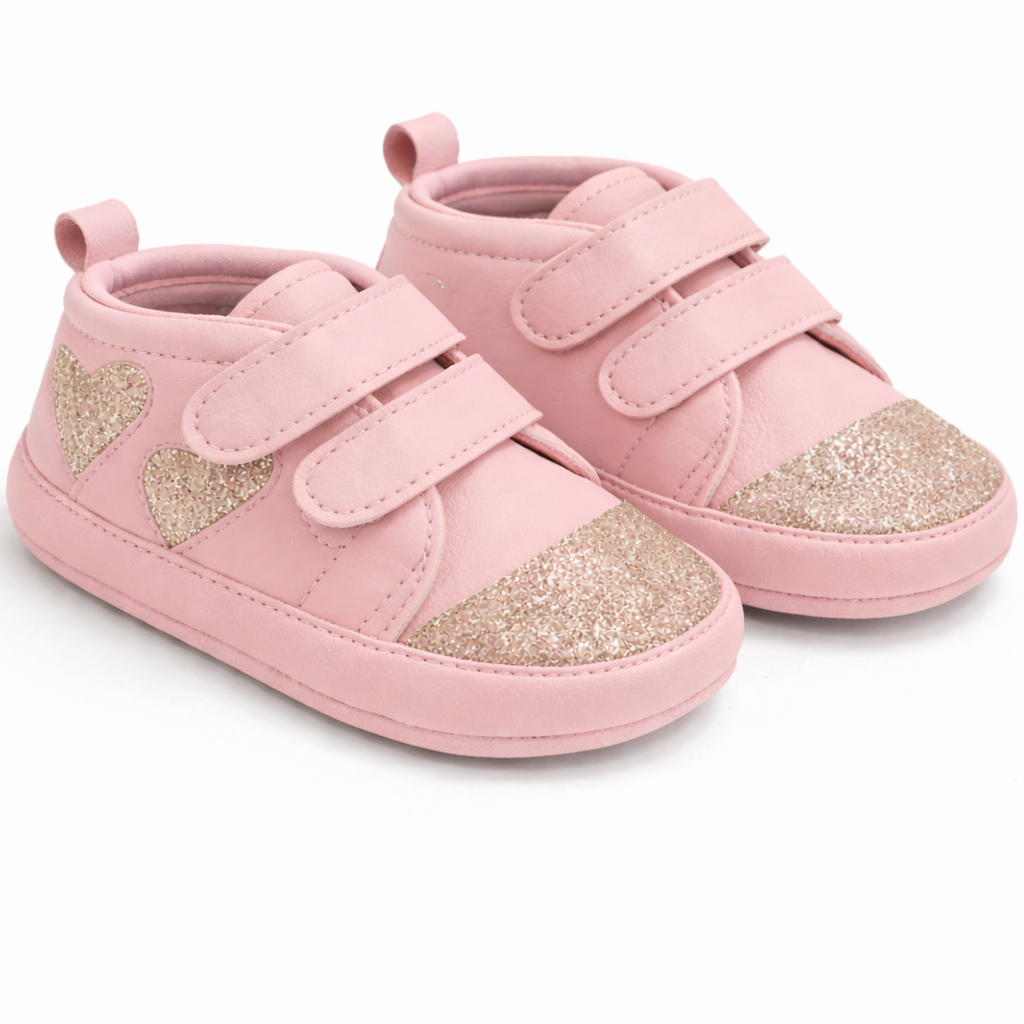 Baby Girl Glitter Toe Sneakers – Cute Heart Style - Blush Pink with Champagne Gold Glitter