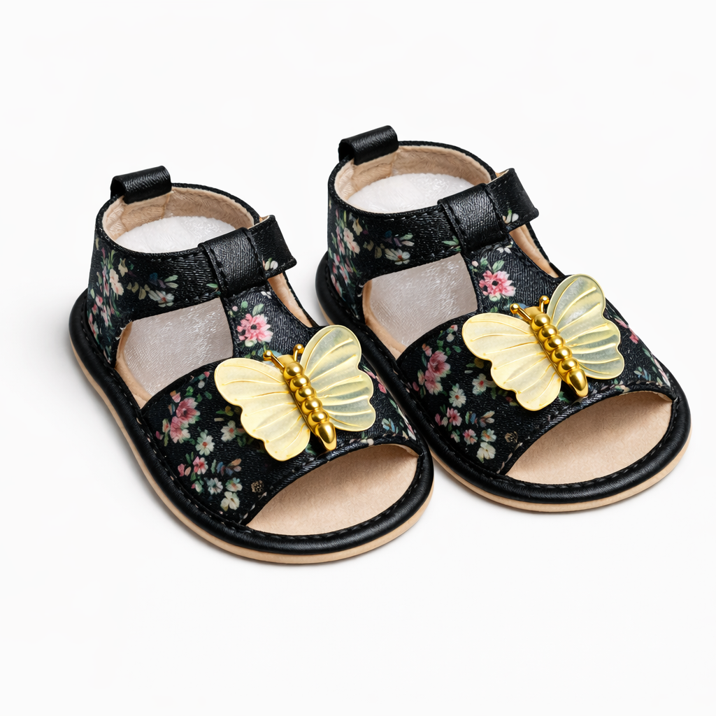 Golden Butterfly Floral Baby Sandals - Black