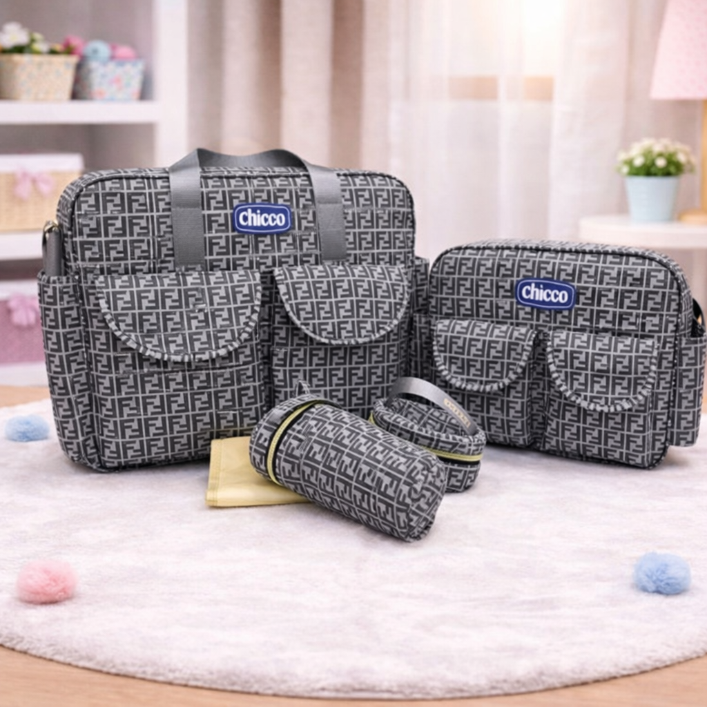 5-Piece Gray Premium Baby Diaper Bag Set – Large Capacity Maternity Bag with Bottle Cover, Pouch & Changing Mat