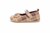 Baby Girl Glitter Bow Strap Shoes – Classic Check Style - Beige / Brown Checks with Golden Glitter Bow