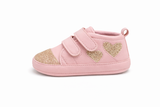 Baby Girl Glitter Toe Sneakers – Cute Heart Style - Blush Pink with Champagne Gold Glitter